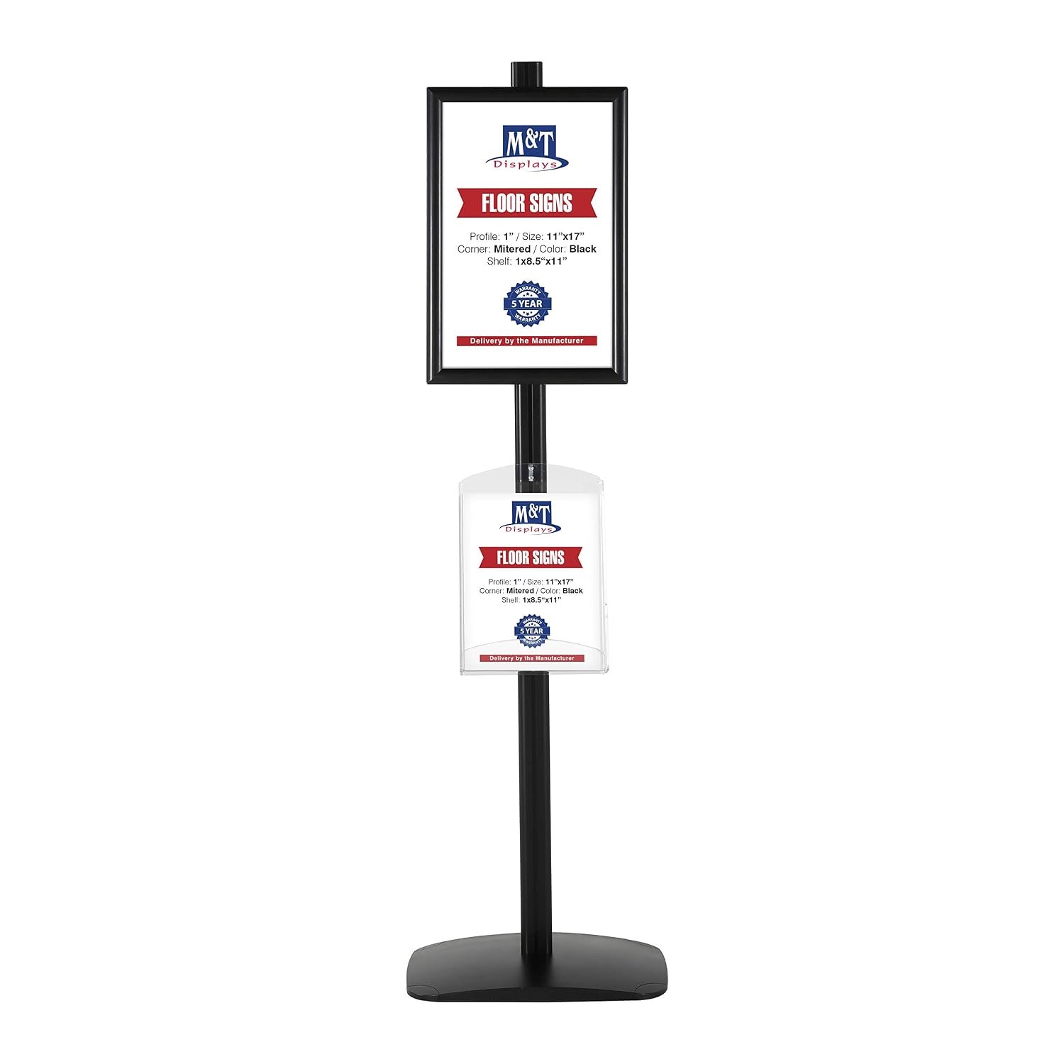 M&T Displays Free Standing Aluminum Display Stand Single Sided Document Brochure Sign Holder Front Loading Portrait Landscape Black Snap Frame 1x(11x17) and Clear Acrylic Shelf...
