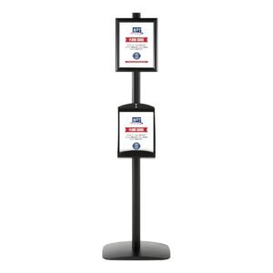 M&T Displays Free Standing Aluminum Display Stand Single Sided Document Brochure Sign Holder Front Loading Portrait Landscape Black Snap Frame 8.5x11 and Metal Tray Shelf 8.5x11...