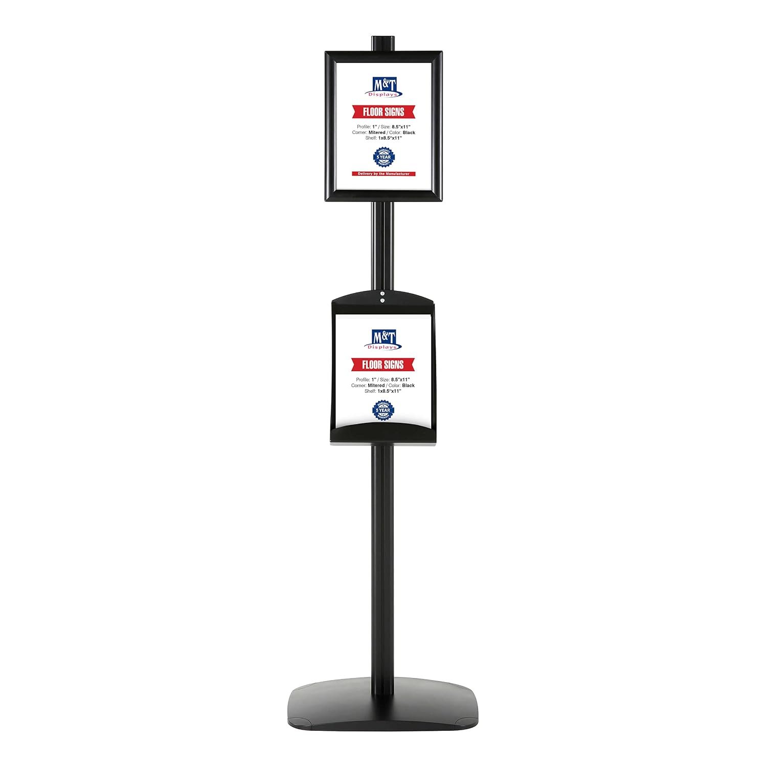 M&T Displays Free Standing Aluminum Display Stand Single Sided Document Brochure Sign Holder Front Loading Portrait Landscape Black Snap Frame 8.5x11 and Metal Tray Shelf 8.5x11...