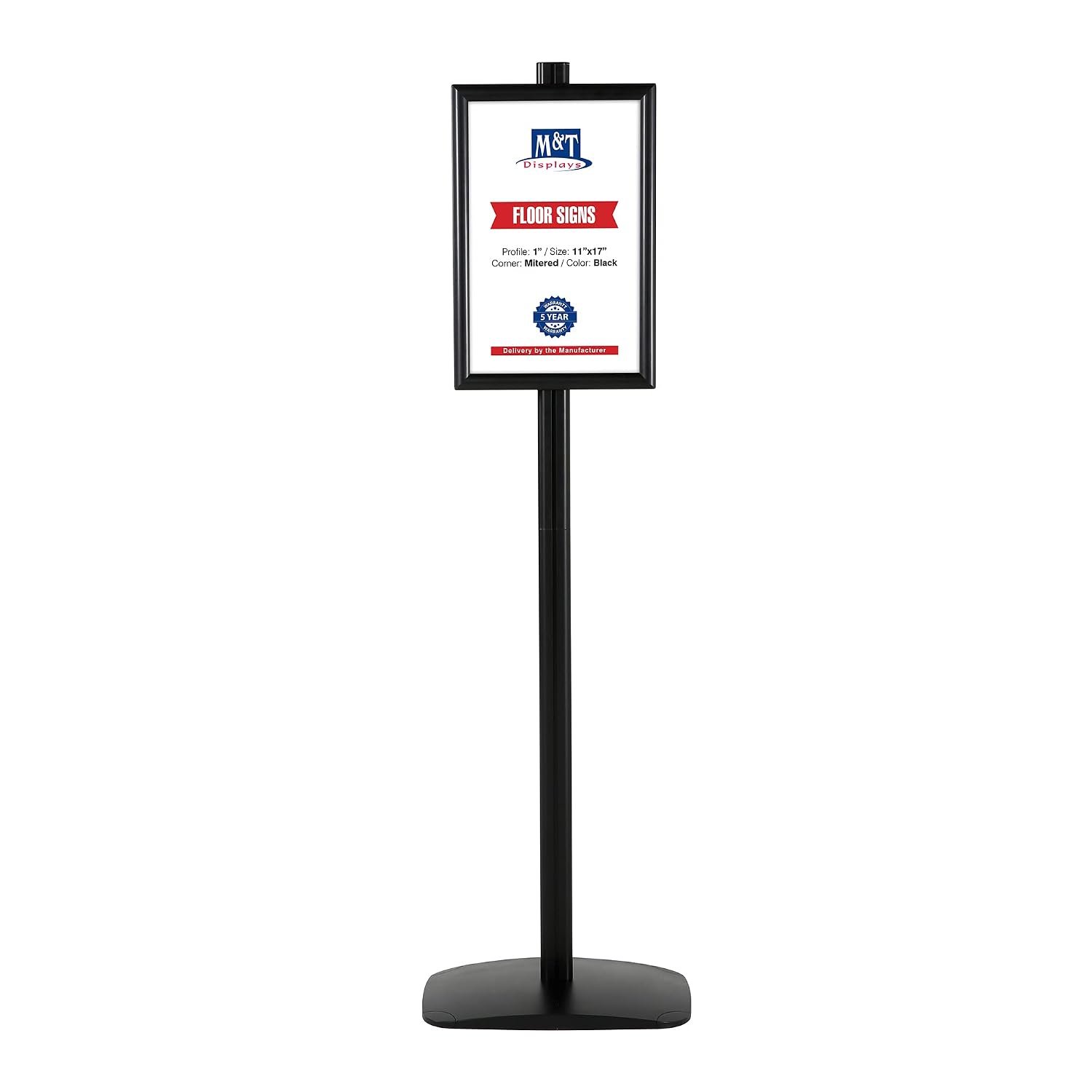 M&T Displays Free Standing Aluminum Display Stand Single Sided Document Brochure Sign Holder Front Loading Portrait Landscape Snap Frame 11x17 inch Black