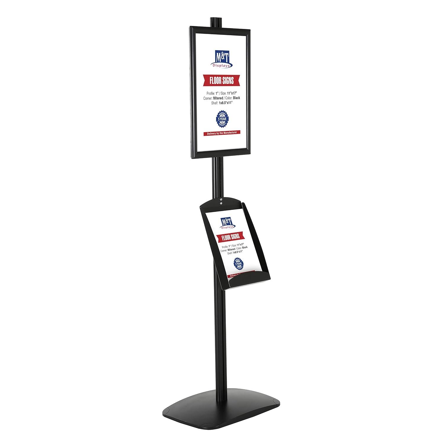 M&T Displays Free Standing Aluminum Display Stand Single Sided Document Brochure Sign Holder Front Loading Portrait Landscape Black Snap Frame 8.5x11 and Metal Tray Shelf 8.5x11...