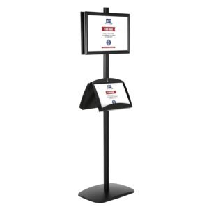 M&T Displays Free Standing Aluminum Double Sided Document Brochure Sign Holder Front Loading Portrait Landscape Black Snap Frame 2x(11x17) and 2 Pcs Metal Tray Shelves...