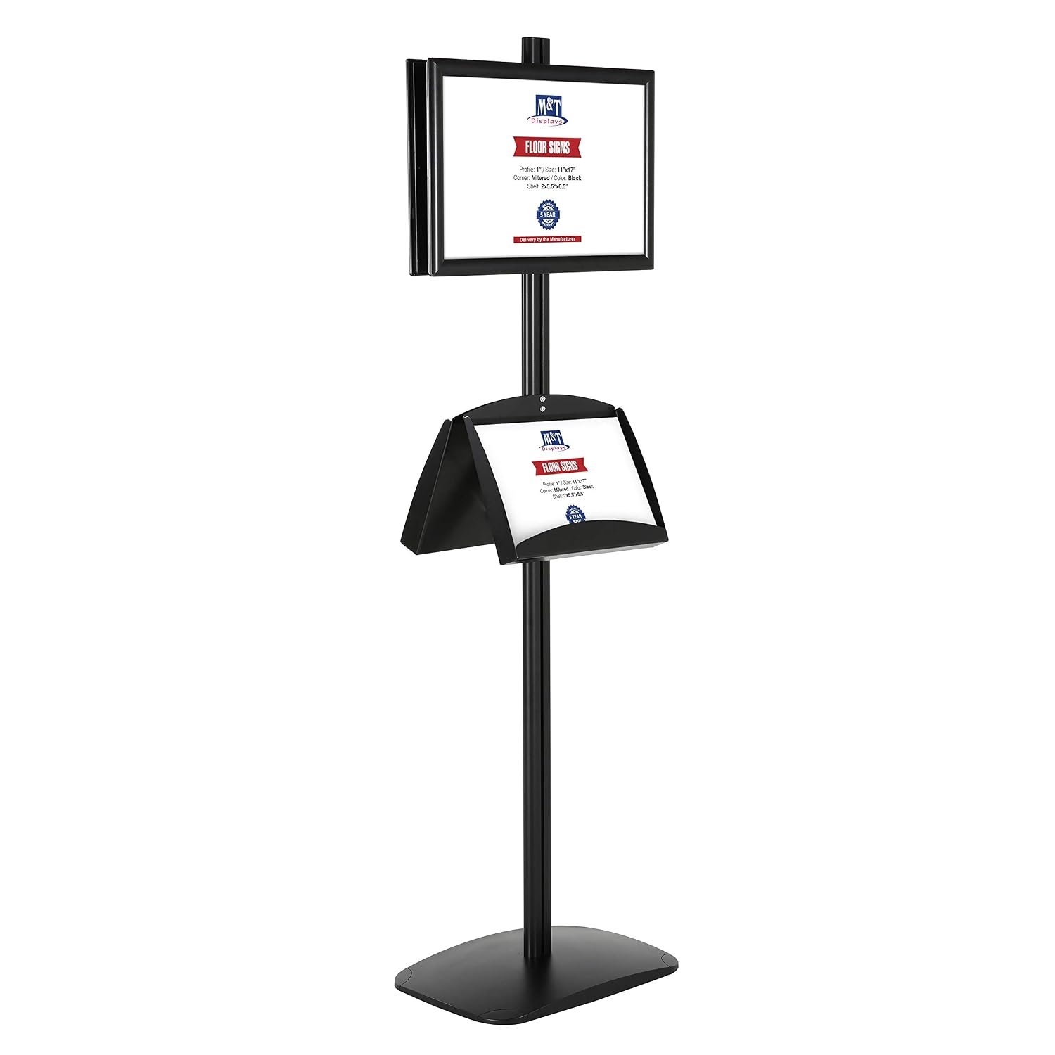 M&T Displays Free Standing Aluminum Double Sided Document Brochure Sign Holder Front Loading Portrait Landscape Black Snap Frame 2x(11x17) and 2 Pcs Metal Tray Shelves...