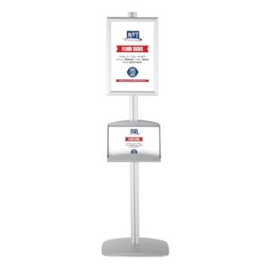 M&T Displays Free Standing Aluminum Stand Double Sided Document Brochure Sign Holder Front Loading Silver Snap Frames 2x(11x17) and 2 Pcs Metal Tray Shelves 2x(5.5x8.5) Inch...