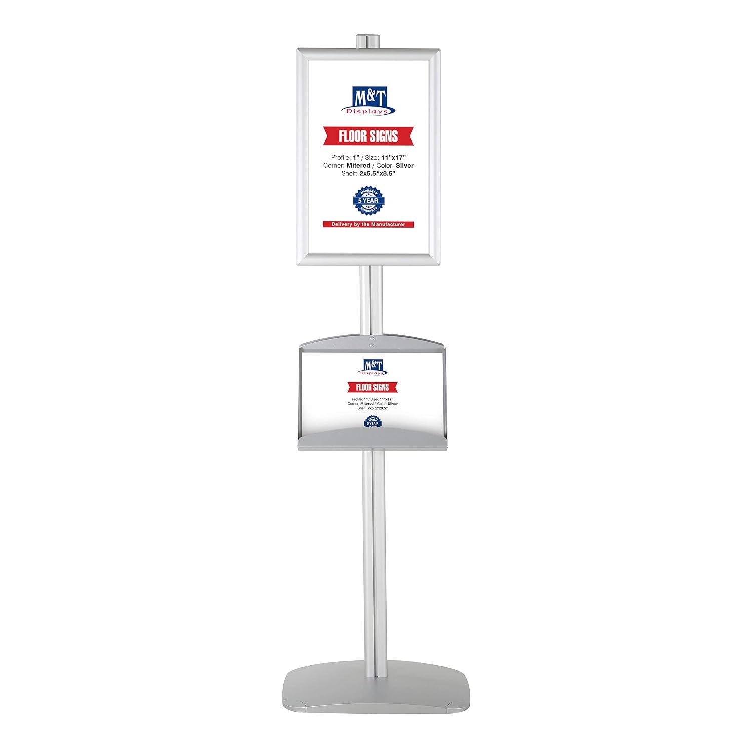 M&T Displays Free Standing Aluminum Stand Double Sided Document Brochure Sign Holder Front Loading Silver Snap Frames 2x(11x17) and 2 Pcs Metal Tray Shelves 2x(5.5x8.5) Inch...