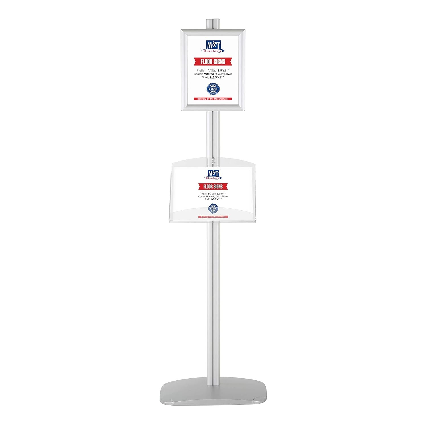 M&T Displays Free Standing Aluminum Stand Single Sided Document Brochure Sign Holder Front Loading Portrait Landscape Silver Snap Frame 1x(8.5x11) and Clear Acrylic Shelf...