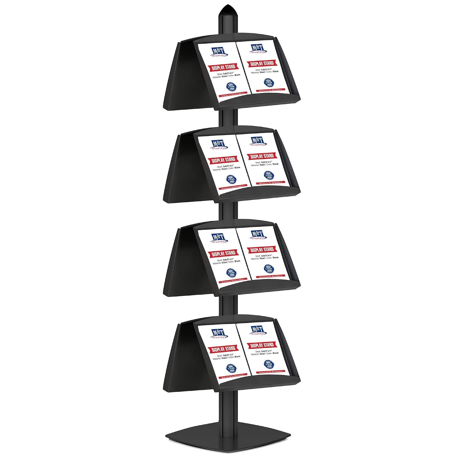 M&T Displays Free Standing Display Magazine Brochure Document Sign Holder Double Sided Stand Aluminum Body 8 Steel Literature Racks 16x(8.5x11) Inch Black