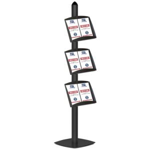 M&T Displays Free Standing Display Magazine Brochure Document Sign Holder Single Sided Stand Anodized Aluminum Body Black 3 Steel Literature Racks 6x(8.5x11) Inch Display Capacity