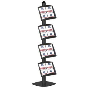 M&T Displays Free Standing Display Magazine Brochure Document Sign Holder Single Sided Stand Anodized Aluminum Body Black 4 Steel Literature Racks 8x(8.5x11) Inch Display Capacity