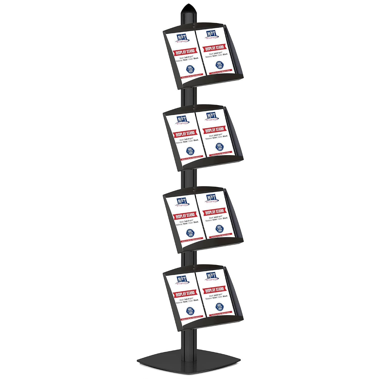 M&T Displays Free Standing Display Magazine Brochure Document Sign Holder Single Sided Stand Anodized Aluminum Body Black 4 Steel Literature Racks 8x(8.5x11) Inch Display Capacity