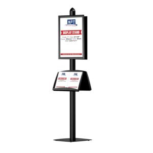 M&T Displays Free Standing Double Sided Magazine Brochure Document Sign Holder with Black 2x(22x28) Inch Snap Poster Frame and 2 Steel Shelves Literature Racks 4x(8.5"x11")...