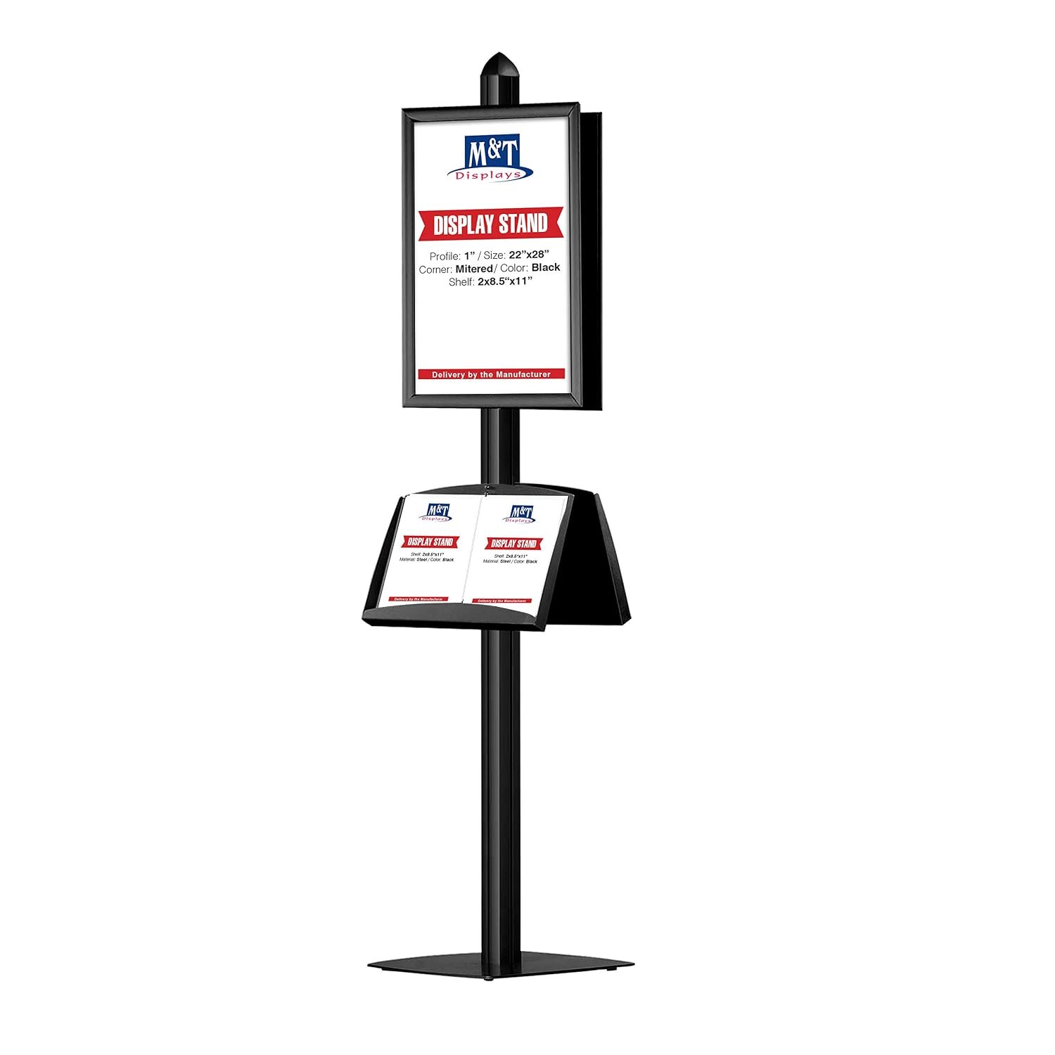 M&T Displays Free Standing Double Sided Magazine Brochure Document Sign Holder with Black 2x(22x28) Inch Snap Poster Frame and 2 Steel Shelves Literature Racks 4x(8.5"x11")...