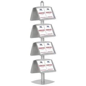 M&T Displays Free Standing Magazine Brochure Document Sign Holder Double Sided Stand Anodized Silver Aluminum Body 8 Steel Literature Racks with 16x(8.5x11) Inch Display Capacity