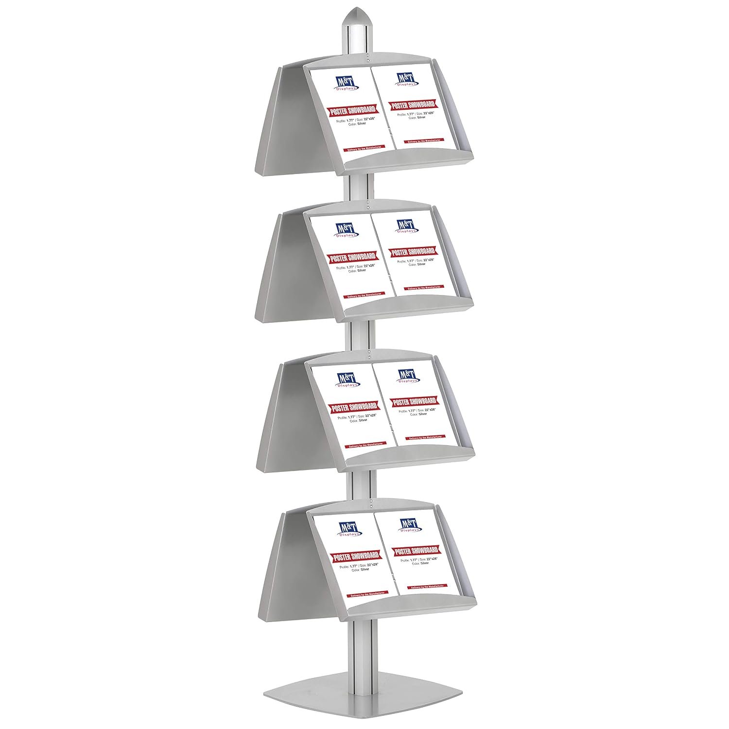 M&T Displays Free Standing Magazine Brochure Document Sign Holder Double Sided Stand Anodized Silver Aluminum Body 8 Steel Literature Racks with 16x(8.5x11) Inch Display Capacity
