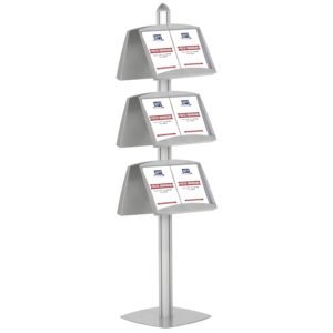 M&T Displays Free Standing Magazine Brochure Document Sign Holder Double Sided Stand Anodized Silver Aluminum Body 6 Steel Literature Racks with 12x(8.5x11) Inch Display Capacity