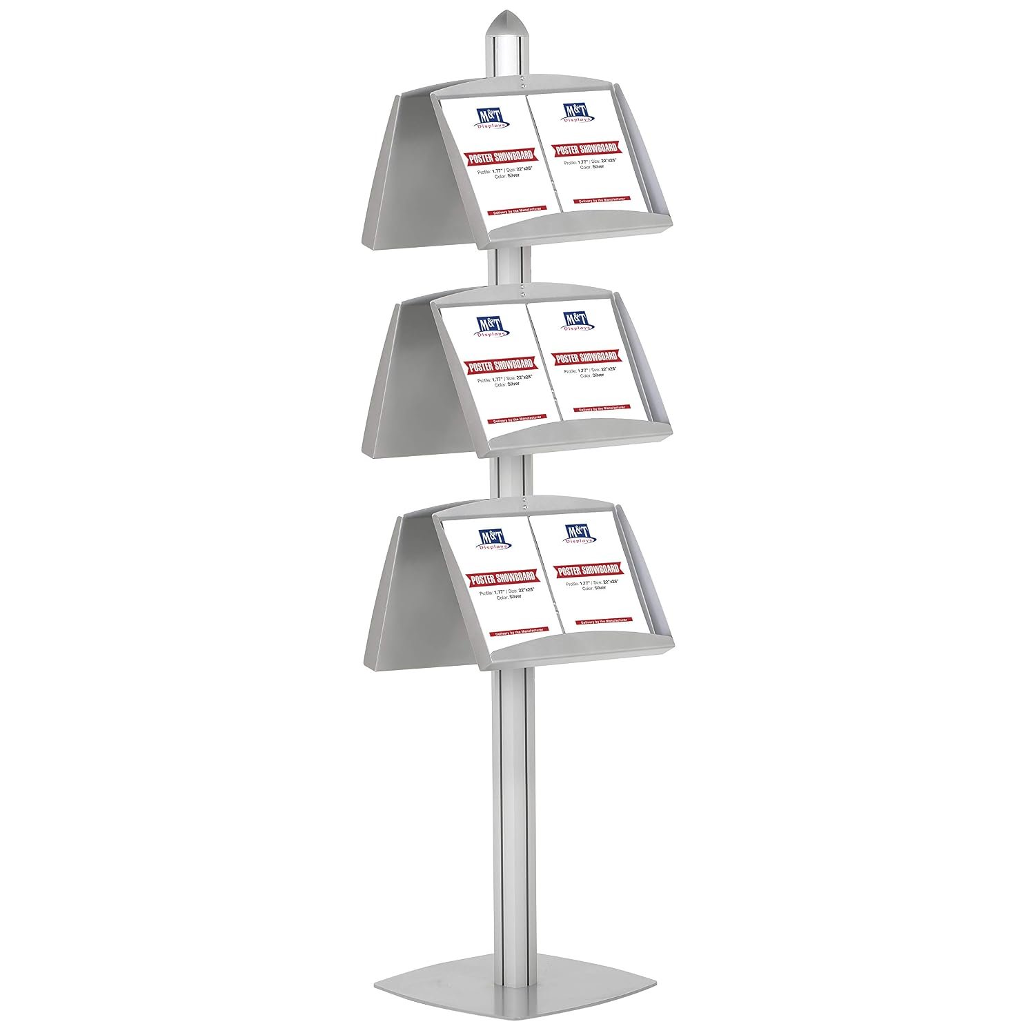 M&T Displays Free Standing Magazine Brochure Document Sign Holder Double Sided Stand Anodized Silver Aluminum Body 6 Steel Literature Racks with 12x(8.5x11) Inch Display Capacity