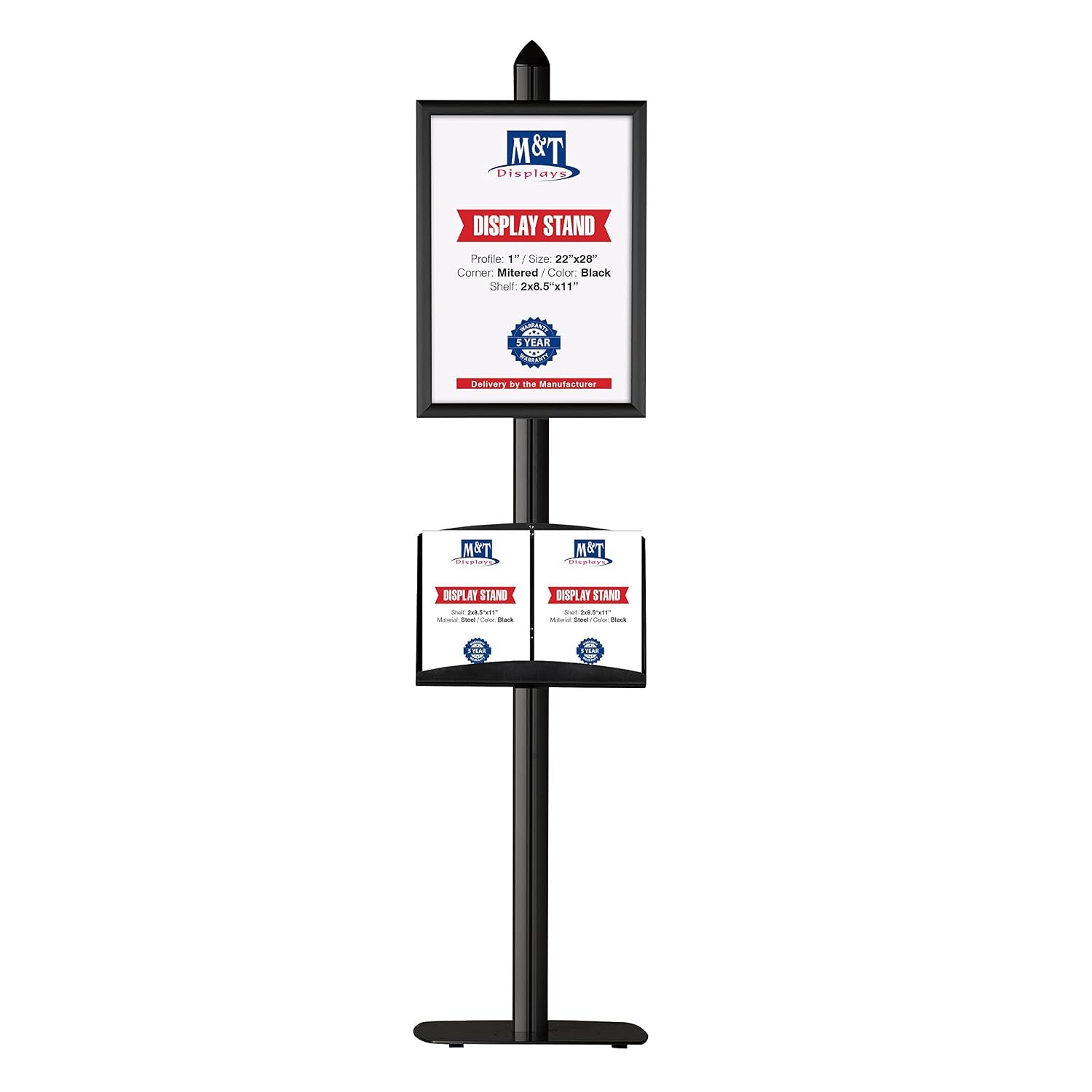 M&T Displays Free Standing Magazine Brochure Document Sign Holder Literature Racks Stand Aluminum Body Black 22x28 Inch Snap Poster Frames and Steel Shelf with 2x(8.5x11)...