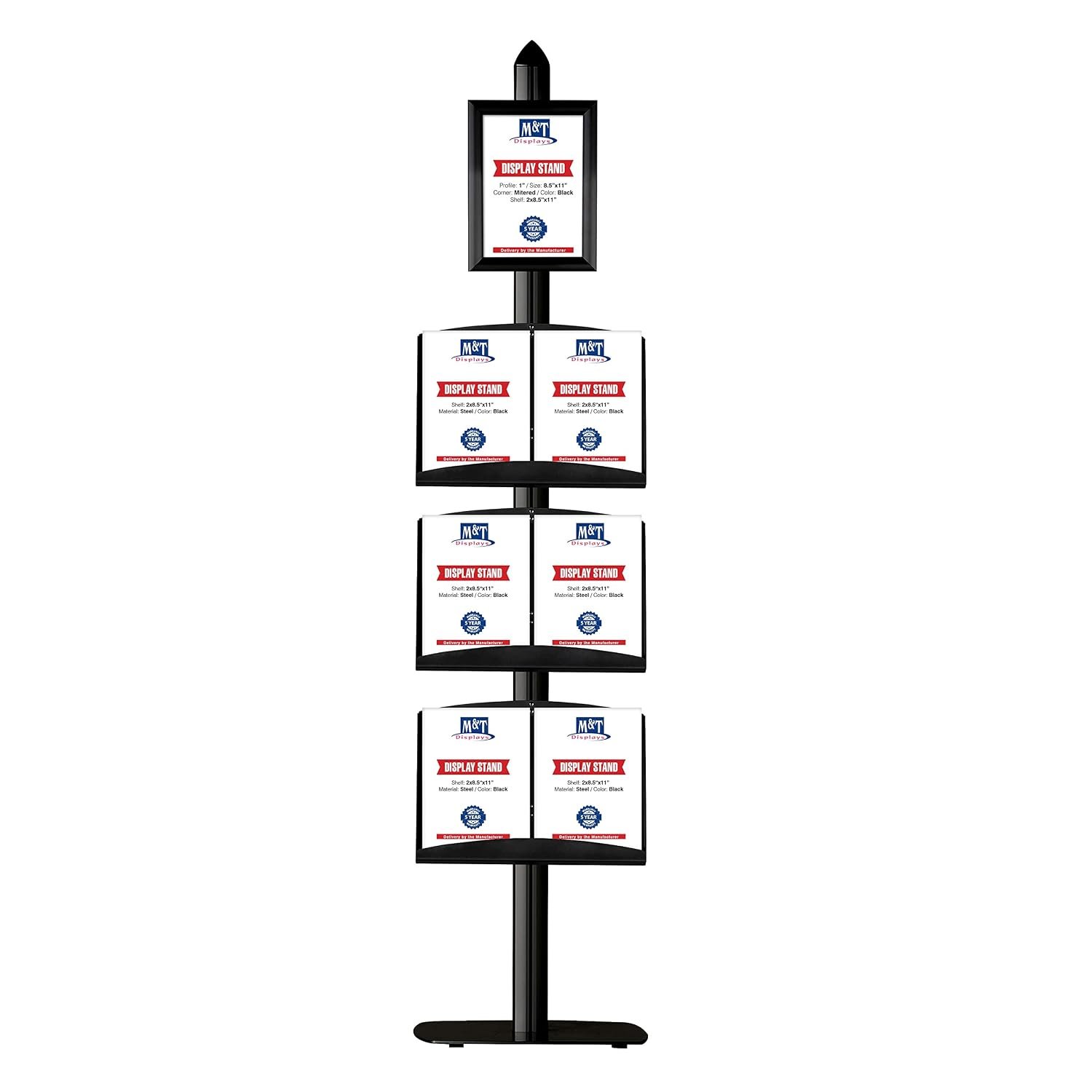 M&T Displays Free Standing Magazine Brochure Document Sign Holder Literature Racks Stand Aluminum Body Black 8.5x11 Inch Snap Poster Frames and 3 Pcs Steel Shelves with...