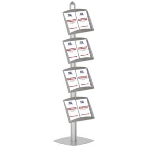 M&T Displays Free Standing Magazine Brochure Document Sign Holder Single Sided Stand Silver Anodized Aluminum Body 4 Steel Shelves Literature Racks 8x(8.5x11) Inch Display Capacity