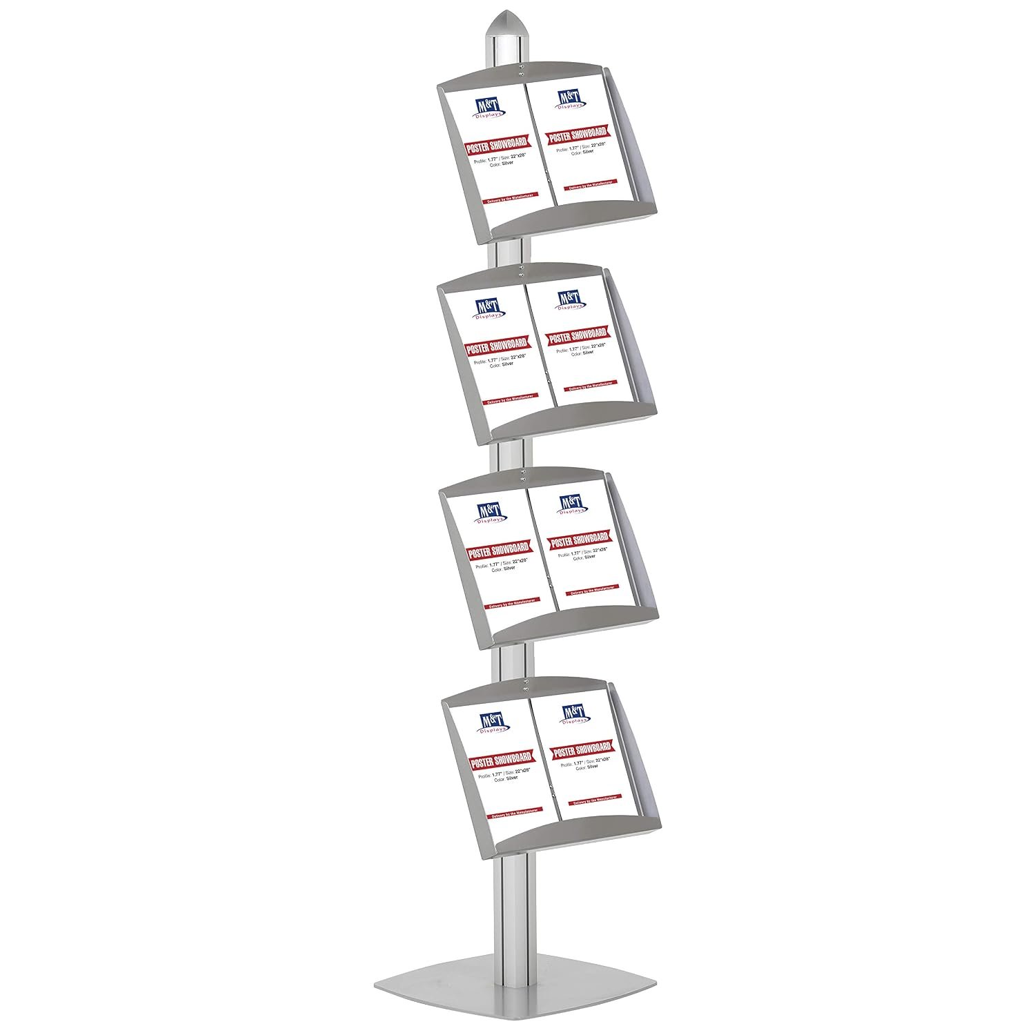 M&T Displays Free Standing Magazine Brochure Document Sign Holder Single Sided Stand Silver Anodized Aluminum Body 4 Steel Shelves Literature Racks 8x(8.5x11) Inch Display Capacity