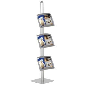 M&T Displays Free Standing Magazine Brochure Document Sign Holder Single Sided Stand Silver Anodized Aluminum Body 3 Steel Shelves Literature Racks 6x(8.5x11) Inch Display Capacity