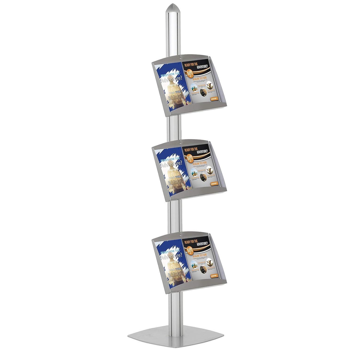 M&T Displays Free Standing Magazine Brochure Document Sign Holder Single Sided Stand Silver Anodized Aluminum Body 3 Steel Shelves Literature Racks 6x(8.5x11) Inch Display Capacity