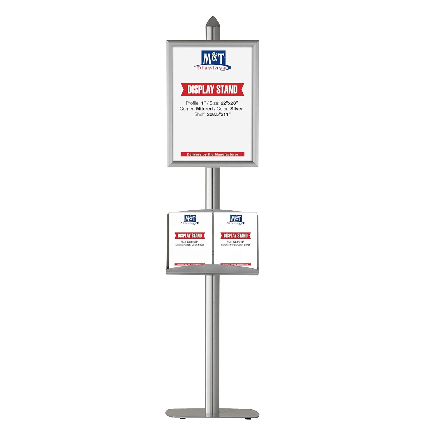 M&T Displays Free Standing Magazine Brochure Document Sign Holder with 22"x28" Snap Poster Frame Single Sided Stand Silver Anodized Aluminum Body with Steel Shelf 2x(8.5x11)...