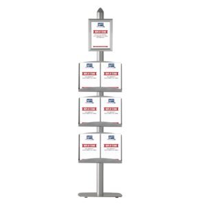 M&T Displays Free Standing Magazine Brochure Sign Holder with 8.5"x11" Snap Poster Frame Single Sided Stand Silver Anodized Aluminum Body 3 Tier Steel Shelves 6x(8.5x11) Inch...