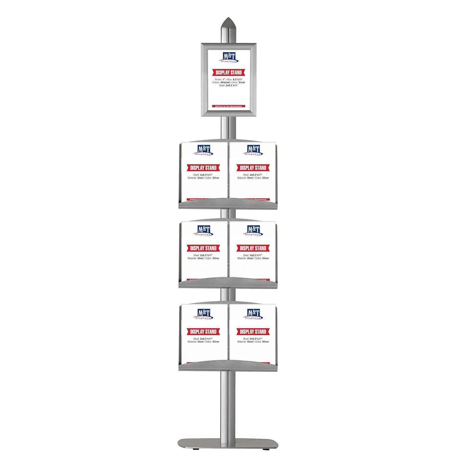 M&T Displays Free Standing Magazine Brochure Sign Holder with 8.5"x11" Snap Poster Frame Single Sided Stand Silver Anodized Aluminum Body 3 Tier Steel Shelves 6x(8.5x11) Inch...