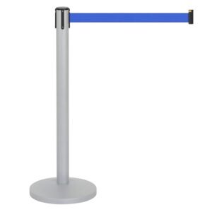 M&T Displays Gray Crowd Control Stanchion Barriers Queue Post 37 inch High Safety Barrier Stands Line Dividers Retractable Blue Belt 9.84' / 118 Inch Heavy Base Floor Standing...