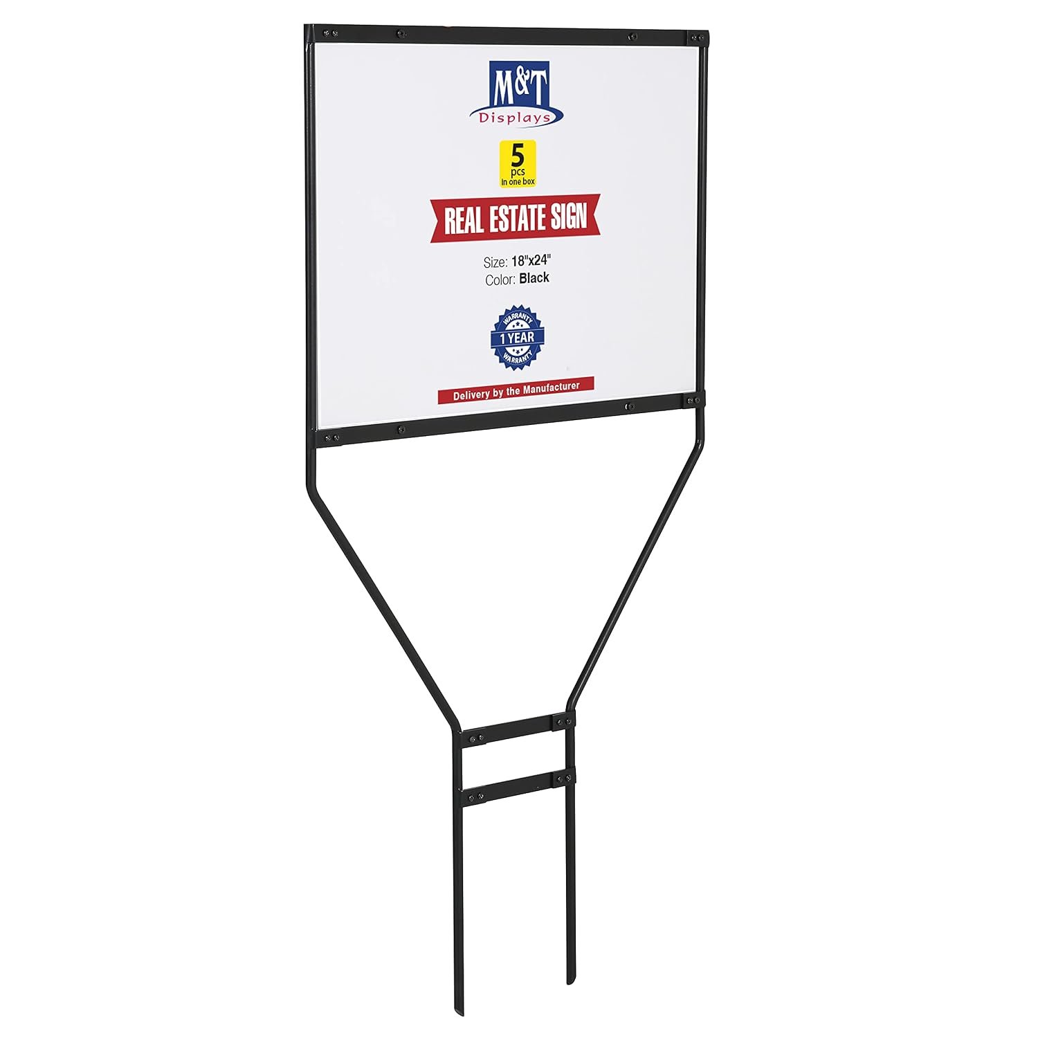 M&T Displays H Frame Real Estate Yard Sign Post, 24x18 Inch Display Size Banjo Esquire Style 44" Tall Black Metal 0.32" Rod Frame Construction Pointed Legs (5 Pack)
