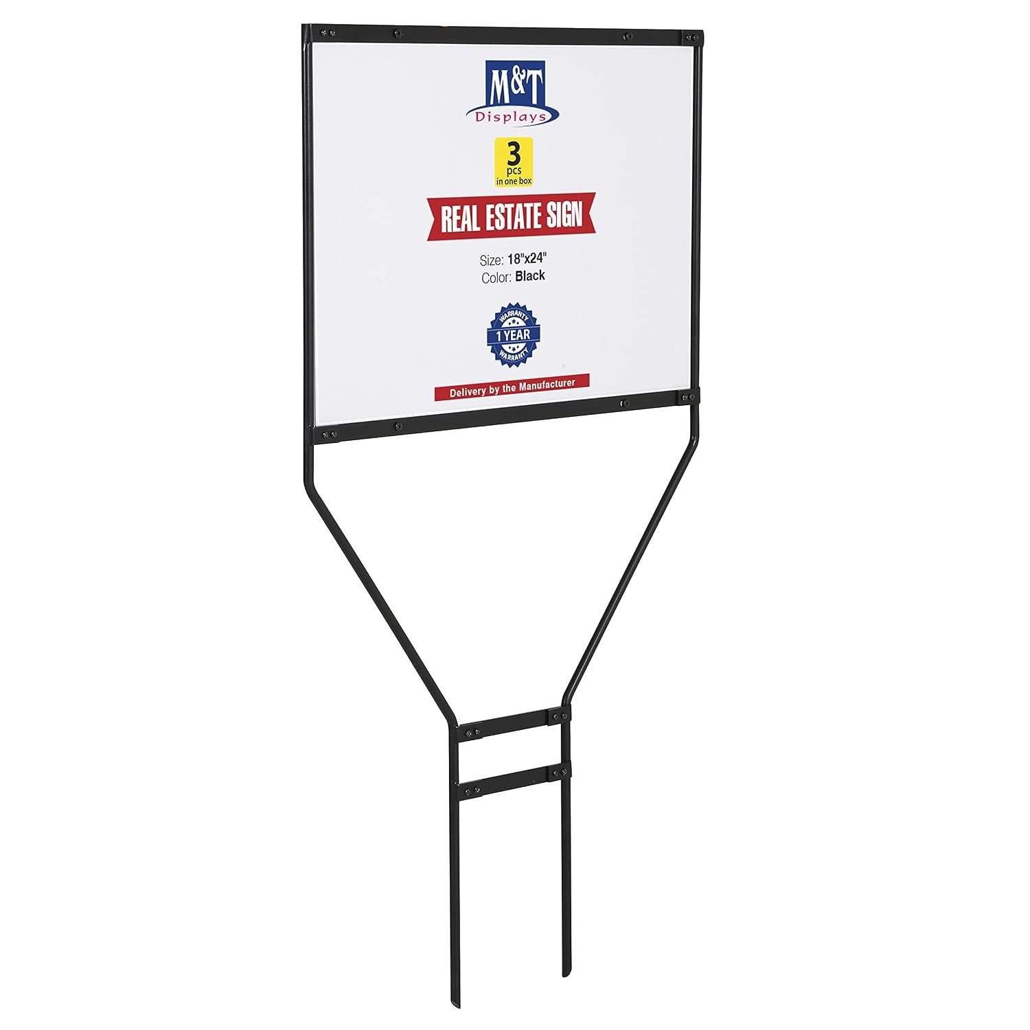 M&T Displays H Frame Real Estate Yard Sign Post, 24x18 Inch Display Size Banjo Esquire Style 44" Tall Black Metal 0.32" Rod Frame Construction Pointed Legs (3 Pack)