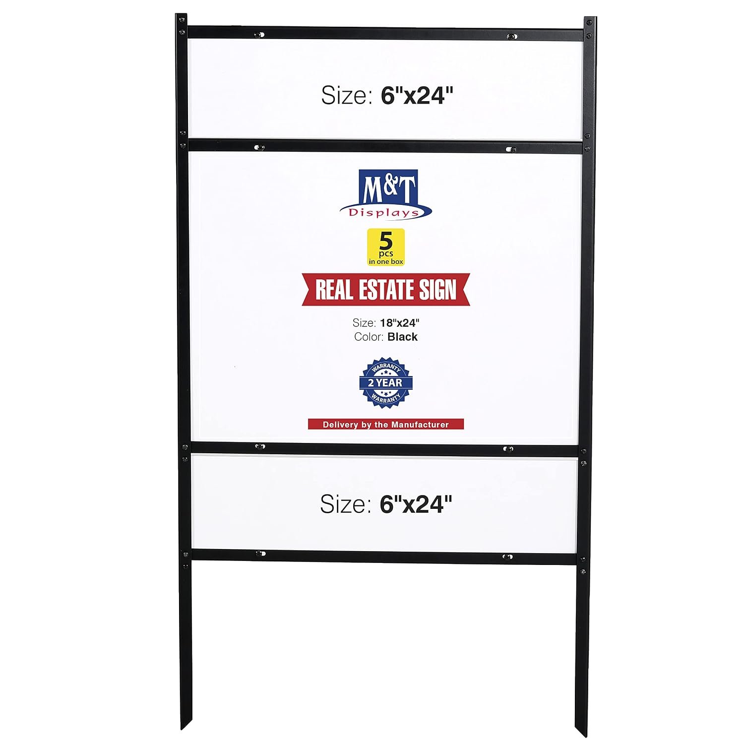 M&T Displays H Frame Real Estate Yard Sign Post Dual Rider, Landscape 24x18 Inch 42" Tall Black Metal 3/4" Angle Frame Construction Pointed Legs (5 Pack)