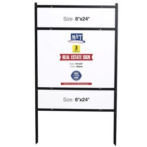M&T Displays H Frame Real Estate Yard Sign Post Dual Rider, Landscape 24x18 Inch 42" Tall Black Metal 3/4" Angle Frame Construction Pointed Legs (3 Pack)