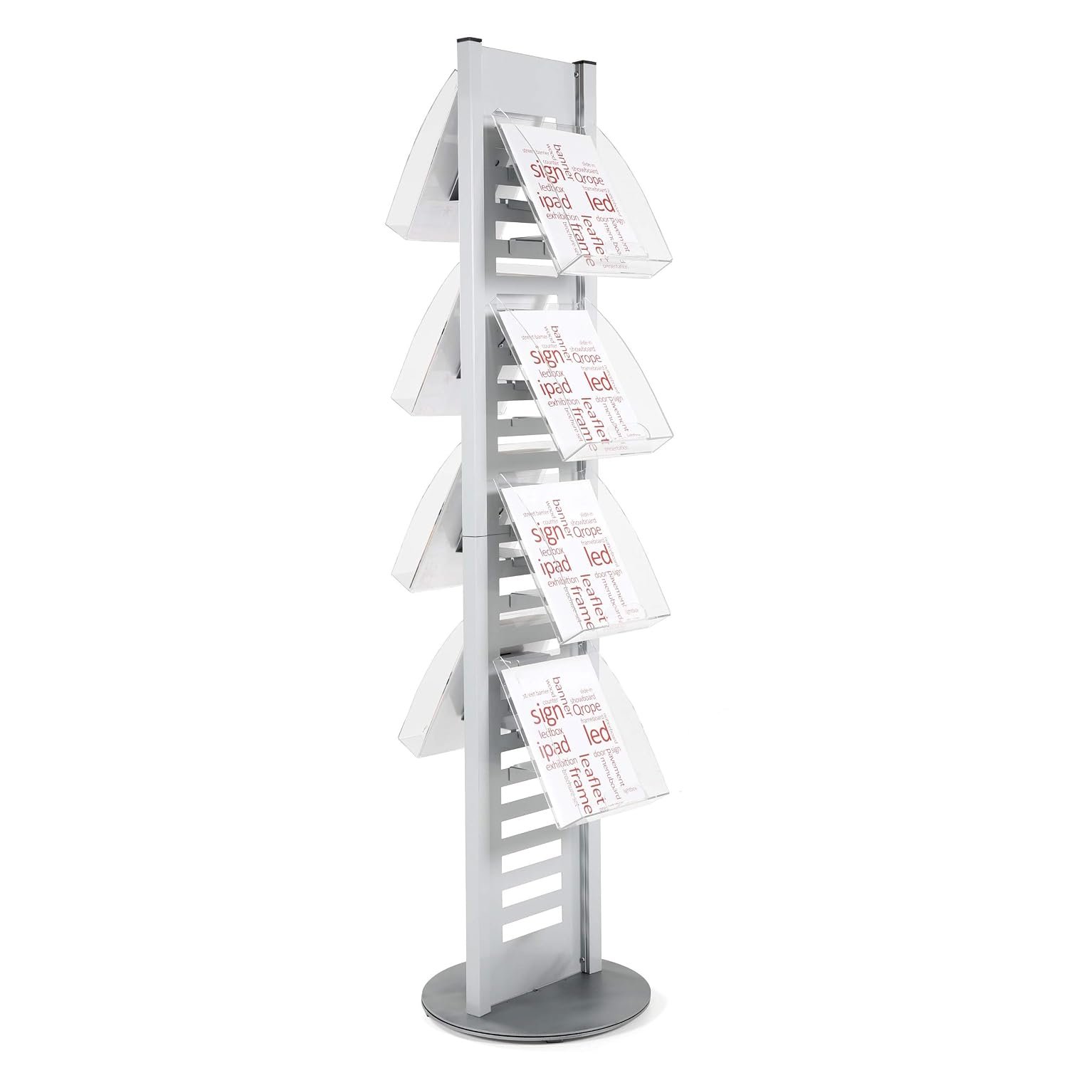 M&T Displays Heavy Duty Literature Rack with 8 pcs. Acrylic Shelf and Rotating Base, Magazine Holder, Brochure Display Stand, Catalog Leaflet for Fair, Conference (Gray, 8.5x11 A4)