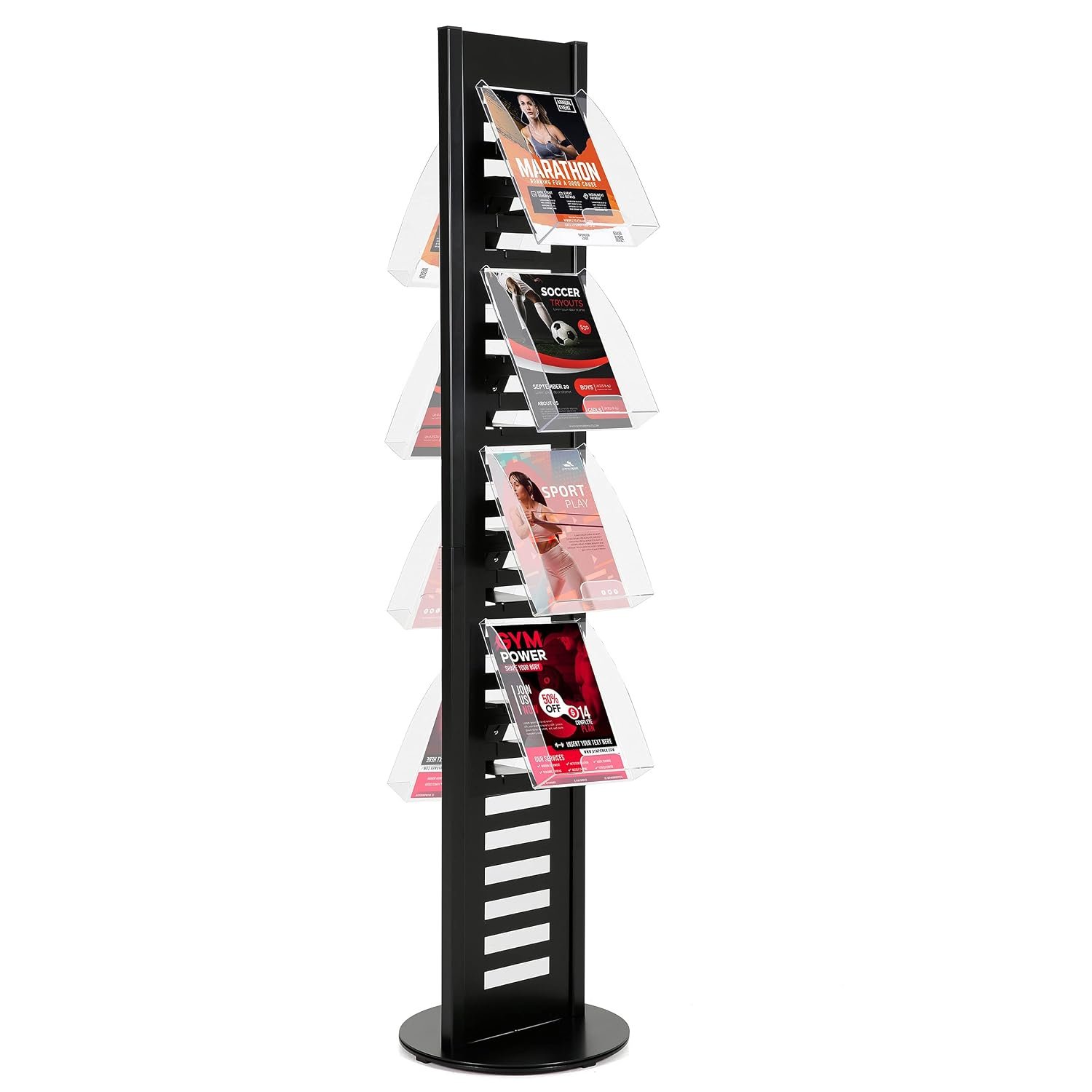 M&T Displays Heavy Duty Literature Rack with 8 pcs. Acrylic Shelf and Rotating Base, Magazine Holder, Brochure Display Stand, Catalog Leaflet for Fair, Conference (Black, 8.5x11...