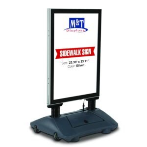 M&T Displays LED Light WindPro, Silver 23.38x33.11 Inch Double Sided Pavement Sidewalk Sign Advertisement Display Poster Menu Holder Water Base Outdoor Heavy Duty Caster Wheels
