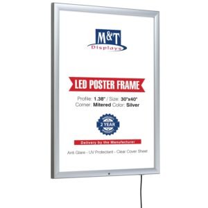 M&T Displays Lockable Weatherproof Smart Ledbox 1.38" Aluminum Profile Silver Snap Frame 30x40 inch Single Sided Document Brochure Sign Holder Front Loading Portrait Landscape