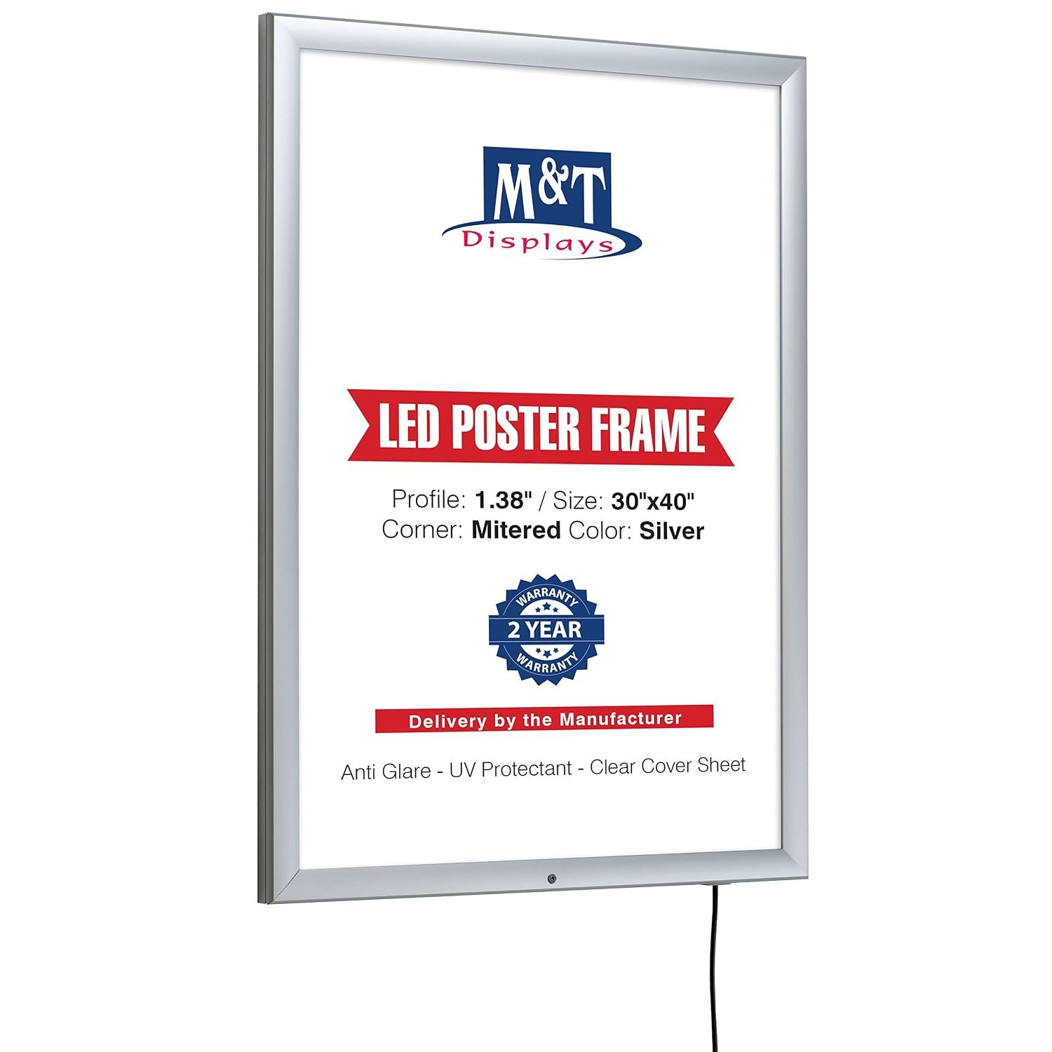 M&T Displays Lockable Weatherproof Smart Ledbox 1.38" Aluminum Profile Silver Snap Frame 30x40 inch Single Sided Document Brochure Sign Holder Front Loading Portrait Landscape