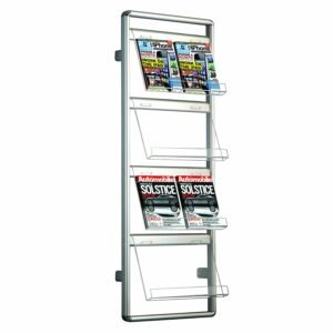 M&T Displays Magazine Advertising Brochure Holder Clear Acrylic Shelf, Silver Aluminum (4 Tier - 2 x 8.5"x11" - Wall - Single Sided)