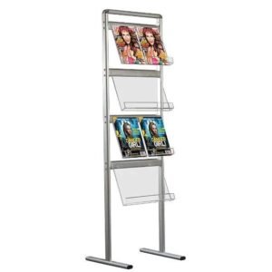 M&T Displays Magazine Advertising Brochure Holder Clear Acrylic Shelf, Silver Aluminum (4 Tier - 2 x 8.5"x11" - Floor St. - Single Sided)