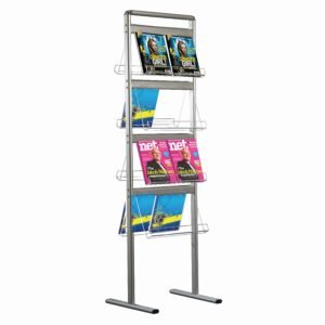 M&T Displays Magazine Advertising Brochure Holder Clear Acrylic Shelf, Silver Aluminum (4 Tier - 2 x 8.5"x11" - Floor St. - Double Sided)