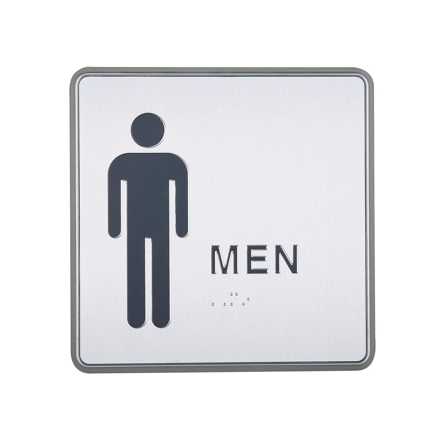 M&T Displays Men Restroom Door Sign with Braille – 6x6 Inch Silver Aluminum Bathroom Sign, Self Adhesive Peel and Stick, Modern Chrome Look Frame for Office, Business,...
