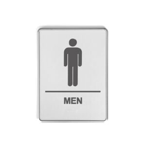 M&T Displays Men Restroom Door Sign with Braille – ADA Compliant 6x8 Inch Silver Aluminum Bathroom Sign, Self Adhesive Peel and Stick, Modern Chrome Frame for Office,...