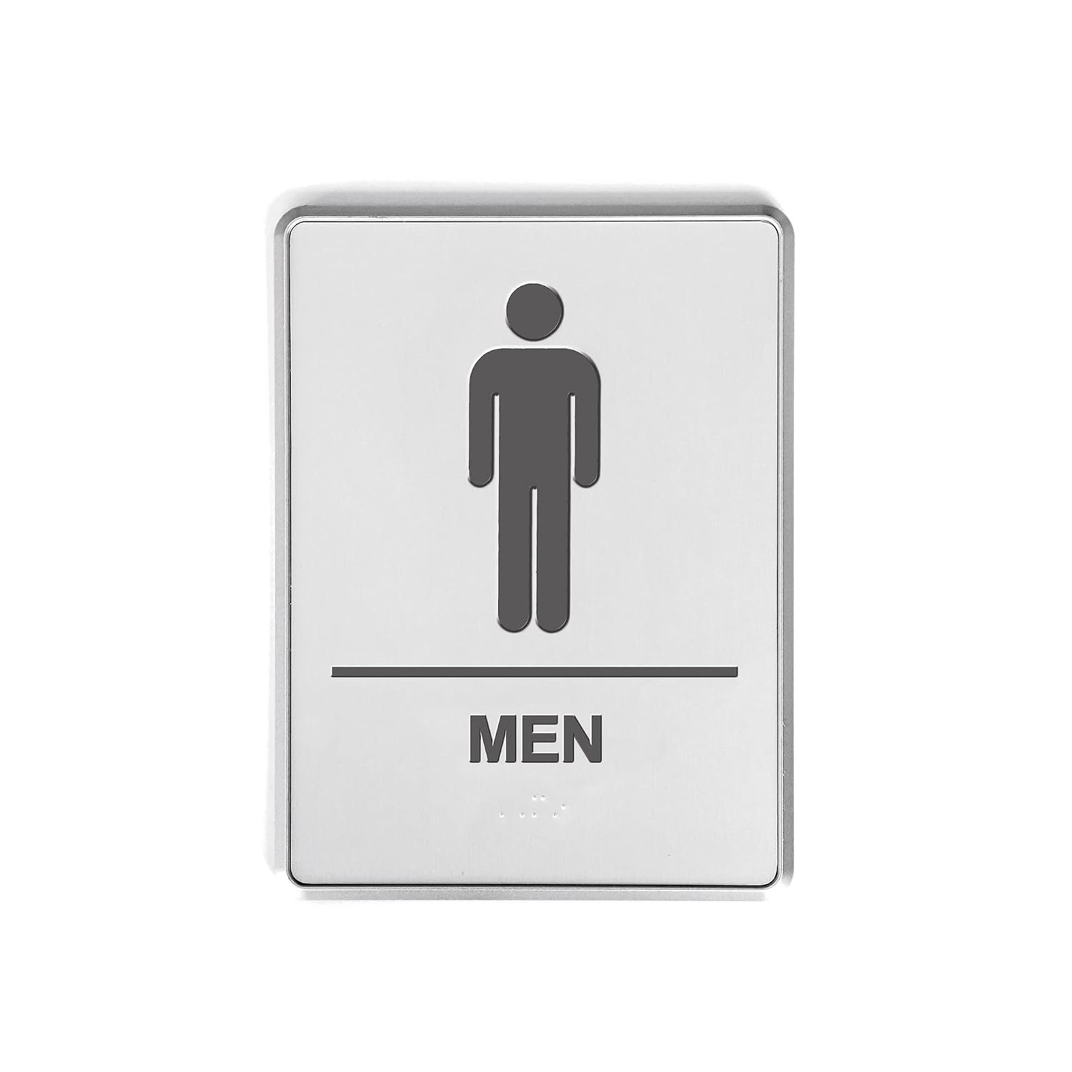 M&T Displays Men Restroom Door Sign with Braille – ADA Compliant 6x8 Inch Silver Aluminum Bathroom Sign, Self Adhesive Peel and Stick, Modern Chrome Frame for Office,...