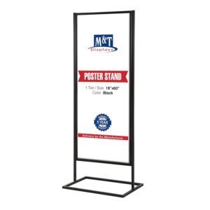 M&T Displays Metal Eco Info Board Black 18x60 Inches Slide-In Poster Sign Holder 1 Tier Double Sided Floor Standing Advertising Display with Backing and Anti-Glare PET Cover