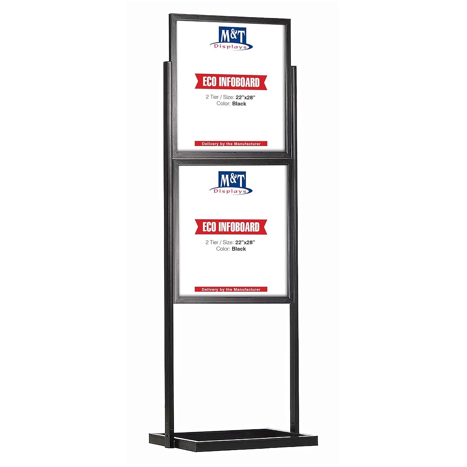 M&T Displays Metal Eco Info Board, Black 22x28 Inches Slide-In Poster Sign Holder 2 Tier Double Sided Floor Standing Pedestal Advertising Display with Backing and Anti-Glare PET...