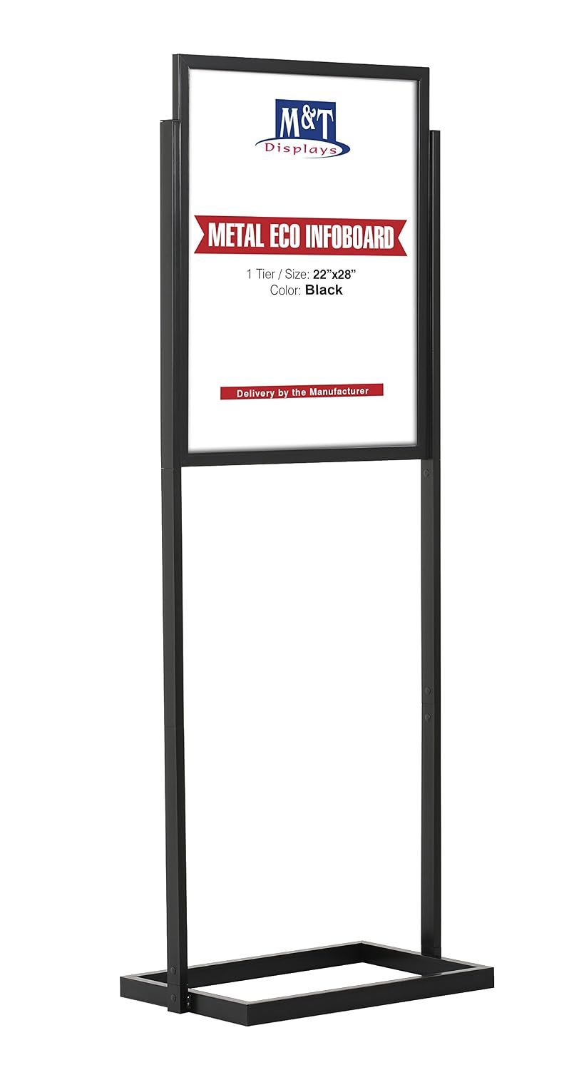 M&T Displays Metal Eco Info Board, Black 22x28 Inches Slide-In Poster Sign Holder 1 Tier Double Sided Floor Standing Pedestal Advertising Display with Backing and Anti-Glare PET...