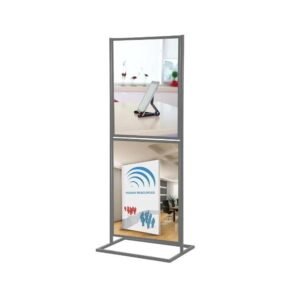 M&T Displays Metal Eco Info Board, Silver 18x24 Inches Slide-In Poster Sign Holder 2 Tier Double Sided Floor Standing Pedestal Advertising Display with Backing and Anti-Glare Lens