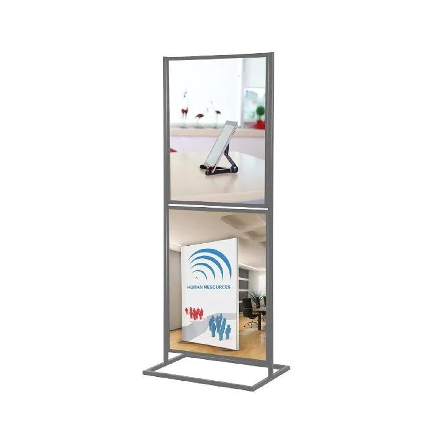M&T Displays Metal Eco Info Board, Silver 18x24 Inches Slide-In Poster Sign Holder 2 Tier Double Sided Floor Standing Pedestal Advertising Display with Backing and Anti-Glare Lens